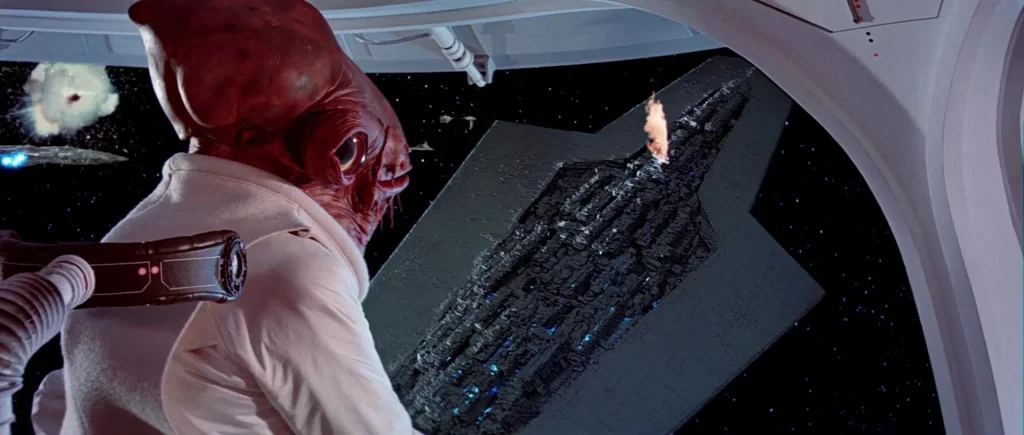 L'Ammiraglio Ackbar contempla l'abbattimento della Executor durante la Battaglia di Endor.