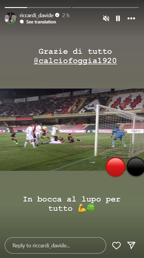 Immagine in evidenza: l'Instagram Story di Riccardi (dal suo profilo ufficiale)