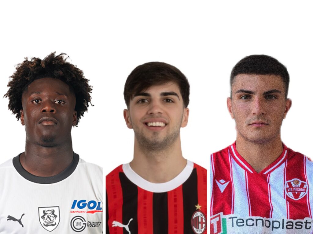 Da sinistra, Mathis Touho, crediti: amiensfootball.com, Antonio Gala, crediti: acmilan.com e Iervolino Jr, crediti: vispesaro1898.it