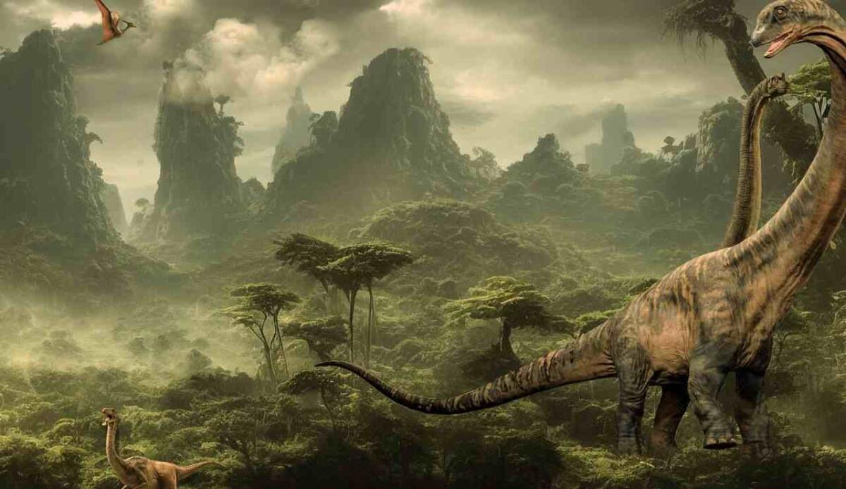 Dinosauri, senza la loro scomparsa non ci sarebbe l'uva - Illustrazione di un paesaggio del Mesozoico (Pixabay FOTO) - qrios.it