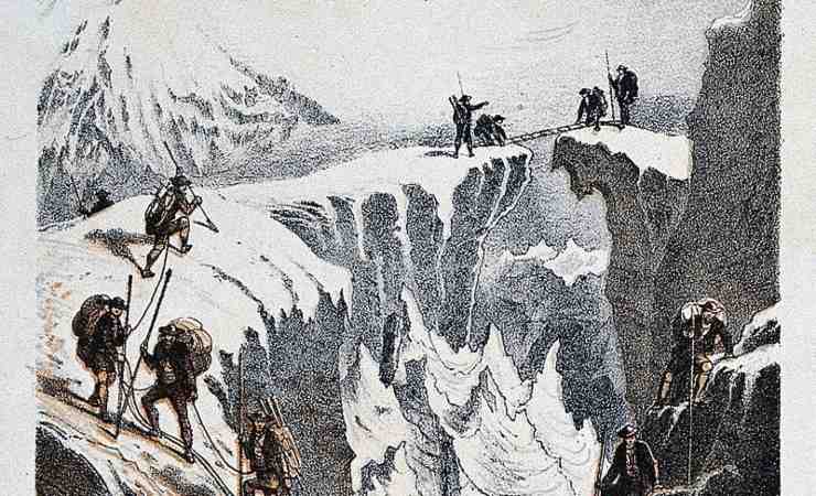 Henriette d'Angeville e il suo gruppo che sale sul Monte Bianco, 1838 (wikimedia.commons.org/Litografia a colori di F. Baumann.) - www.statodonna.it