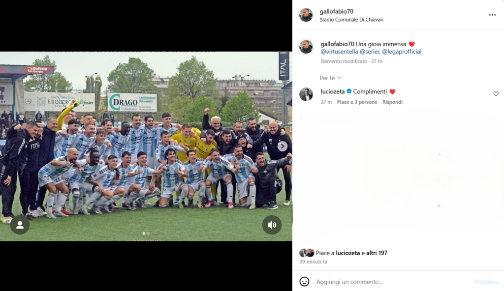 Immagine in evidenza: i complimenti di mister Zauri a Gallo per la promozione in Serie B dela Virtus Entella (dal profilo Instagram di Gallo)