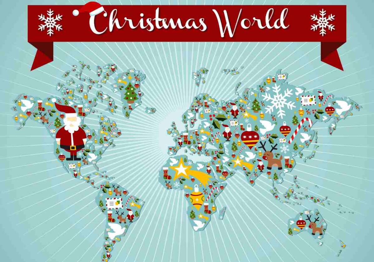 Dal Giappone alla Norvegia: come si festeggia il Natale nei 5 continenti - Christmas icon set in globe world map background. Vector file available.