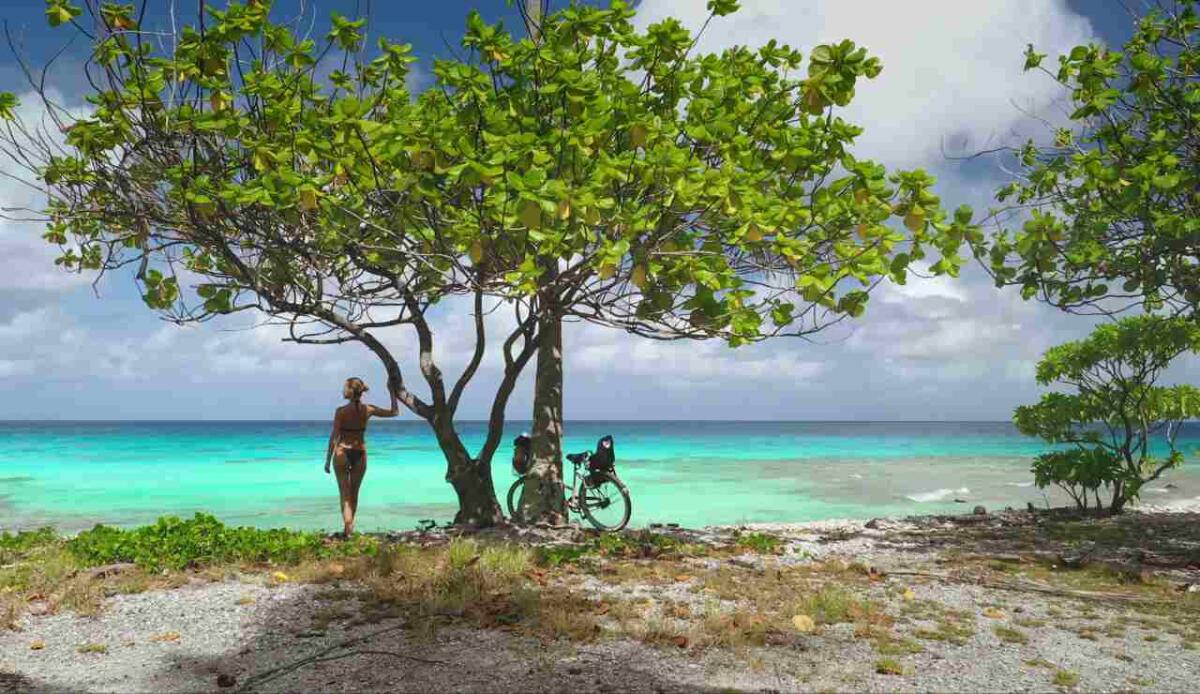 Viaggi sostenibili 2026: guida pratica per partire davvero green, mete e consigli utili - Young woman is taking a break from cycling around a tropical island, enjoying the turquoise waters and lush vegetation SSUCv3H4sIAAAAAAAACpxSy27DIBC8V+o/RJyLZIyf/ZWqh+XhGJUYC3CqKsq/F7CJiHrrjZ1dZmd39vb6cjohBk5x9H66xSjESuvNeQtemSXA1duBW7kIaUvkamlXlQCoM